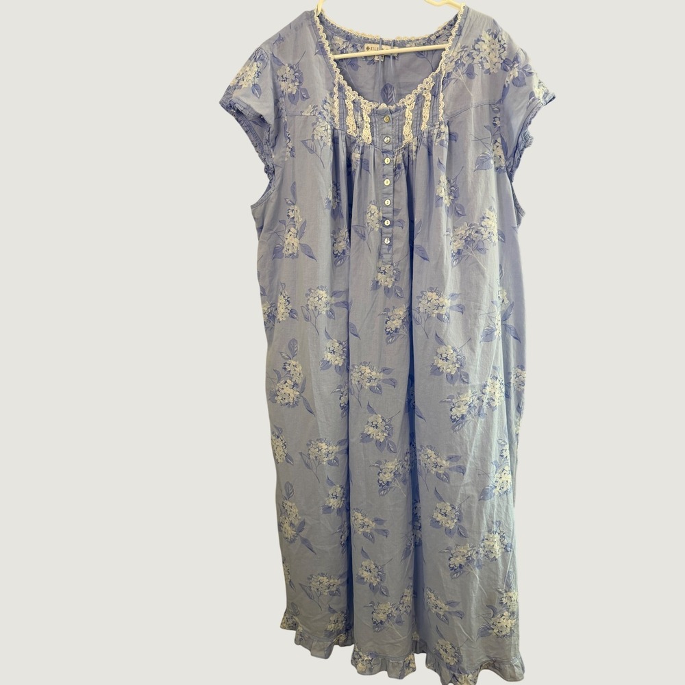 Eileen West Blue Floral Cotton Lawn Nightgown Lace Trim Plus Size 3X Cap Sleeve